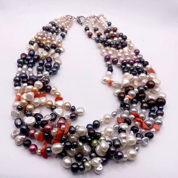 Multicolor Freshwater Pearl Multi strand Necklace Sterling Silver Closure - Picture 5 of 6